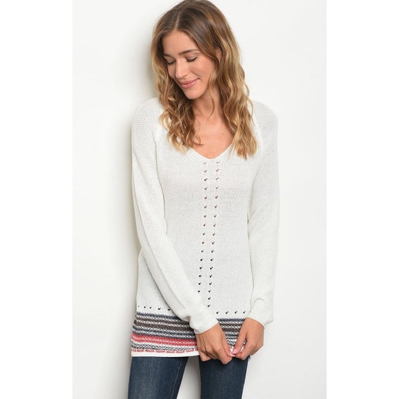 SWEATER W/ BROWN RED NAVY STRIPE HEM - Picture 2 of 3